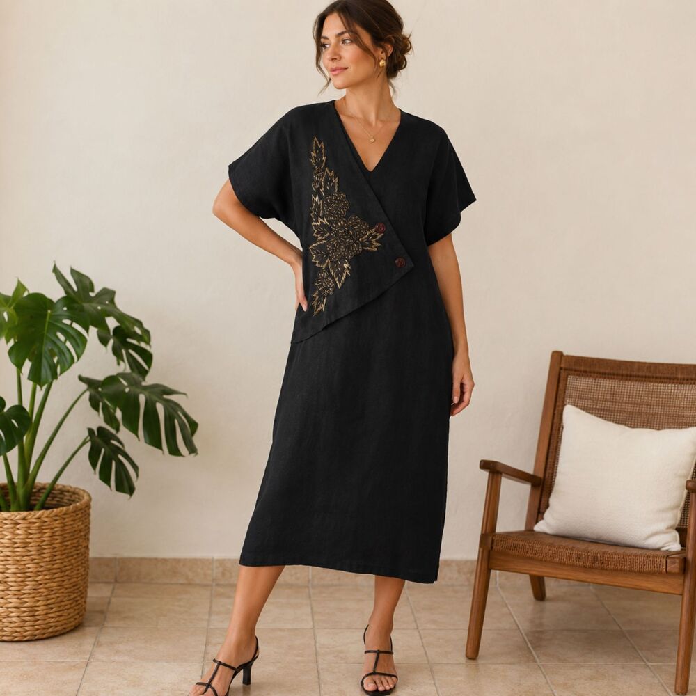 Vintage 80’s Adams Venezuela Linen Blend Midi Dress Size 42 Black Embroidered